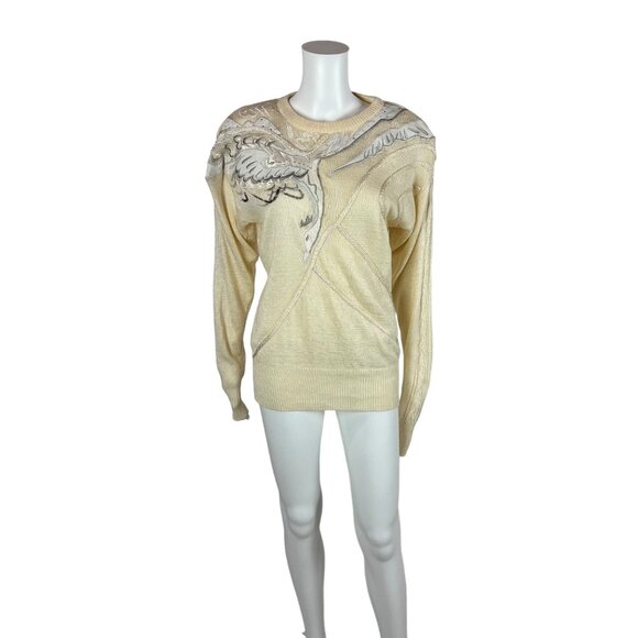 Vintage 80s Bird Sweater Women´s Large White Cream...
